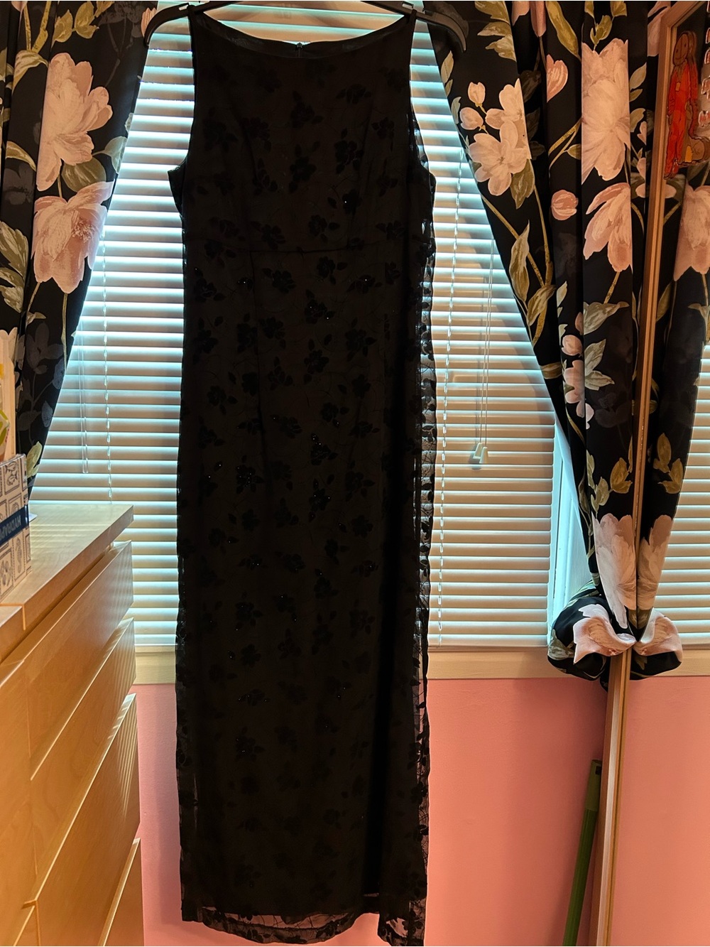 Vintage Black Floral Maxi Dress with Sheer Overlay - Picture 4 of 12